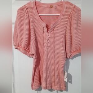 Free People Pink Puff Sleeve Polo Blouse